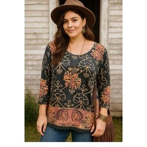 Women's Jane Ashley 3/4 Sleeves Top Blouse Large Multicolor Beaded Scoop Neck